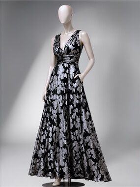 BA Nites Foil Crinkle V-Neck Evening Gown